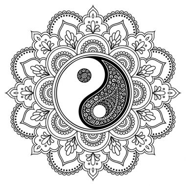 Vektör kına dövme mandala. Yin-yang dekoratif sembolü. Mehndi tarzı. Dekoratif desen oryantal tarzı. Boyama kitabı sayfası.