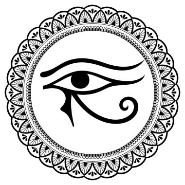 Mandala şeklinde dairesel desende. Antik sembolü Göz Horus. Mısır Moon işareti - Horus göz yaptı. Güçlü Firavunlar muska. Oryantal tarzda dekoratif desen.