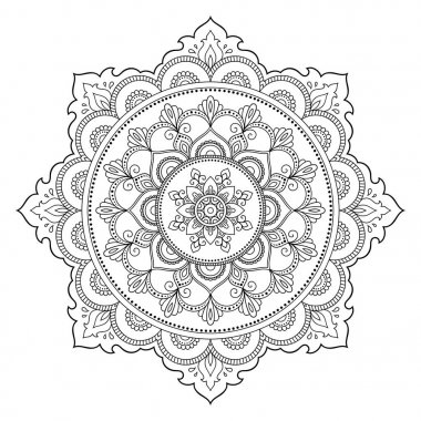 Bir mandala şeklinde dairesel desende. Kına dövme mandala. Mehndi tarzı. Dekoratif desen oryantal tarzı. Boyama kitabı sayfası.