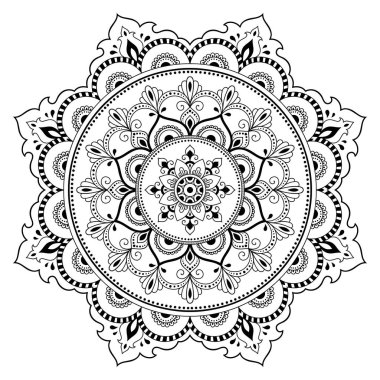 Bir mandala şeklinde dairesel desende. Kına dövme mandala. Mehndi tarzı. Dekoratif desen oryantal tarzı. Boyama kitabı sayfası.
