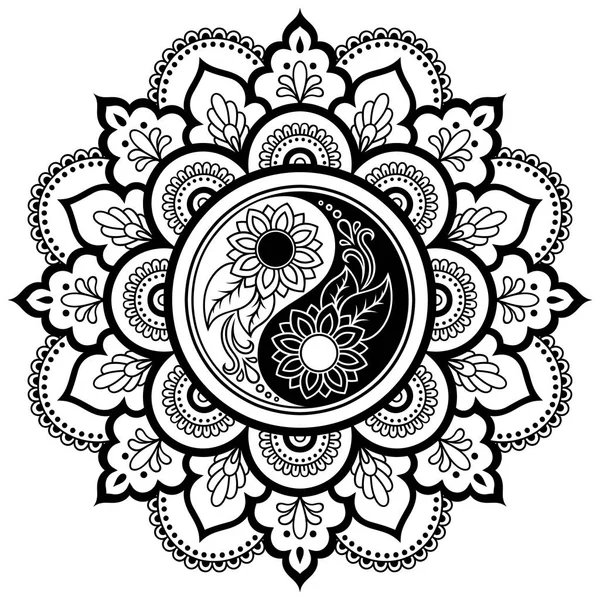 Vektör kına dövme mandala. Yin-yang dekoratif sembolü. Mehndi tarzı. Dekoratif desen oryantal tarzı. Boyama kitabı sayfası.