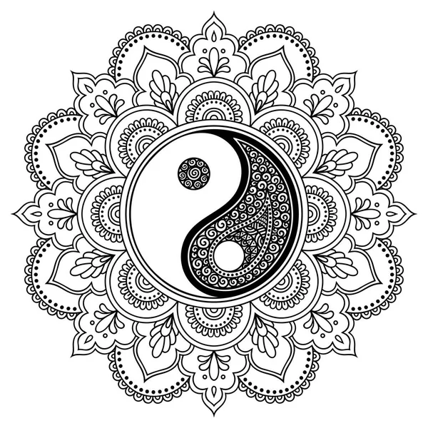 Vector henna tatoo mandala. Símbolo decorativo Yin-yang. Estilo Mehndi. Patrón decorativo en estilo oriental. Libro para colorear página . — Vector de stock