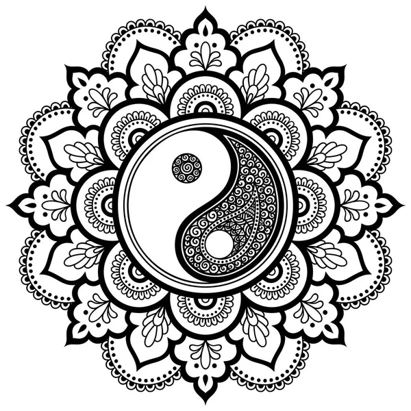 Vektör kına dövme mandala. Yin-yang dekoratif sembolü. Mehndi tarzı. Dekoratif desen oryantal tarzı. Boyama kitabı sayfası.