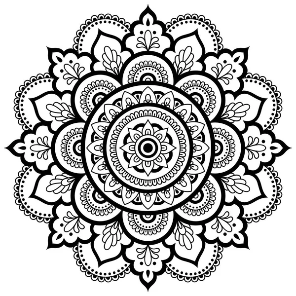 Bir mandala şeklinde dairesel desende. Kına dövme mandala. Mehndi tarzı. Dekoratif desen oryantal tarzı. Boyama kitabı sayfası.