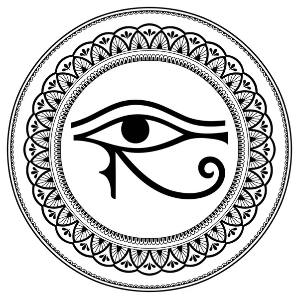 Modèle circulaire en forme de mandala. L'ancien symbole Œil d'Horus. Signe lunaire égyptien - oeil gauche d'Horus. Des pharaons puissants amulette. Motif décoratif dans un style oriental . — Image vectorielle