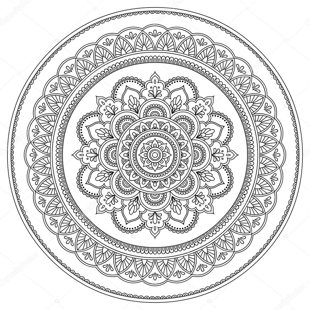 Circular pattern in the form of a mandala. Henna tatoo mandala. Mehndi style. Decorative pattern in oriental style. Coloring book page.