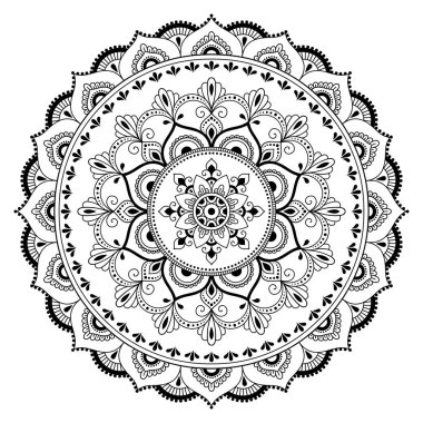 Bir mandala şeklinde dairesel desende. Kına dövme mandala. Mehndi tarzı. Dekoratif desen oryantal tarzı. Boyama kitabı sayfası.