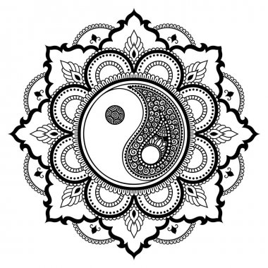 Bir mandala şeklinde dairesel desende. Yin-yang dekoratif sembolü. Mehndi tarzı. Dekoratif desen oryantal tarzı. Boyama kitabı sayfası.