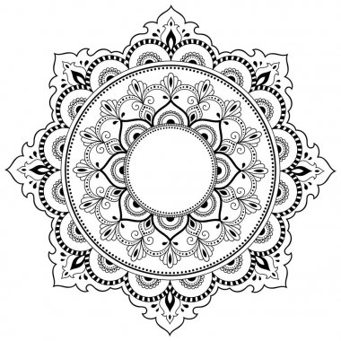 Bir mandala şeklinde dairesel desende. Kına dövme mandala. Mehndi tarzı. Dekoratif desen oryantal tarzı. Boyama kitabı sayfası.
