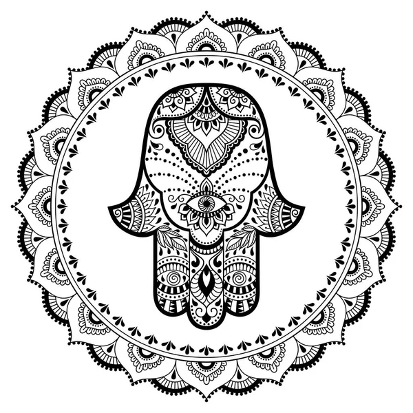 Hamsa símbolo dibujado a mano en mandala. Estilo Mehndi. Patrón decorativo en estilo oriental. Para tatuajes de henna, y documentos de diseño decorativo y locales . — Vector de stock