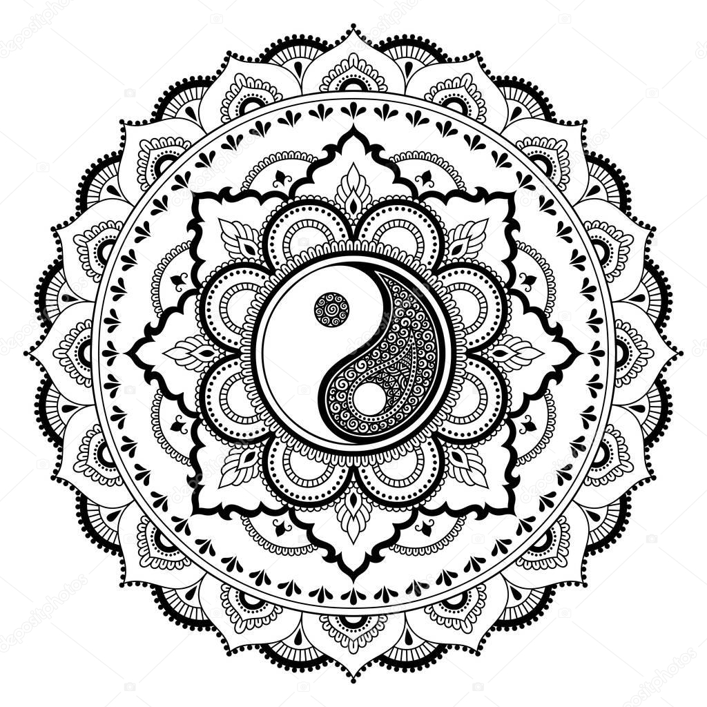 Circular pattern in the form of a mandala.  Yin-yang decorative symbol. Mehndi style. Decorative pattern in oriental style. Coloring book page.