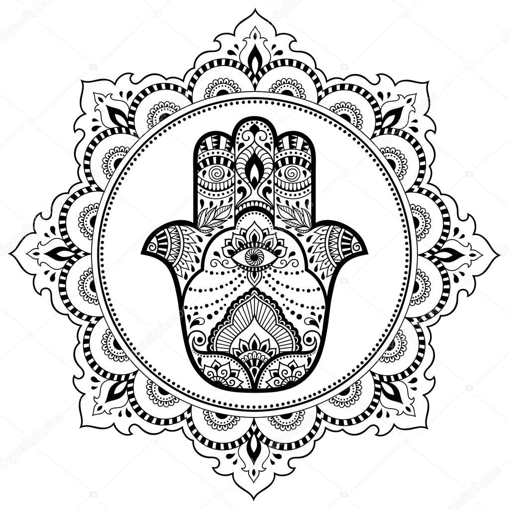 Hamsa hand drawn symbol in mandala. Mehndi style. Decorative pattern in oriental style. For henna tattoos, and decorative design documents and premises.