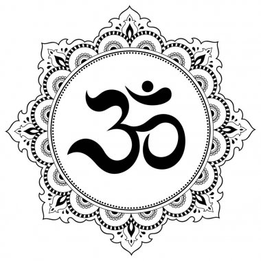 Bir mandala şeklinde dairesel desende. OM dekoratif sembolü. Mehndi tarzı. Antik Hindu mantra OM ile oryantal tarzda dekoratif desen Hint tarzı kına dövme deseni.