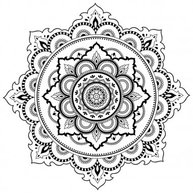 Bir mandala şeklinde dairesel desende. Kına dövme mandala. Mehndi tarzı. Dekoratif desen oryantal tarzı. Boyama kitabı sayfası.