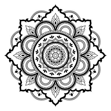 Bir mandala şeklinde dairesel desende. Kına dövme mandala. Mehndi tarzı. Dekoratif desen oryantal tarzı. Boyama kitabı sayfası.