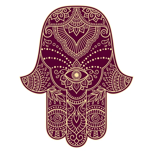 Color hamsa símbolo dibujado a mano. Patrón decorativo en estilo oriental para la decoración de interiores y dibujos con henna. El símbolo antiguo de la "Mano de Fátima ". — Vector de stock