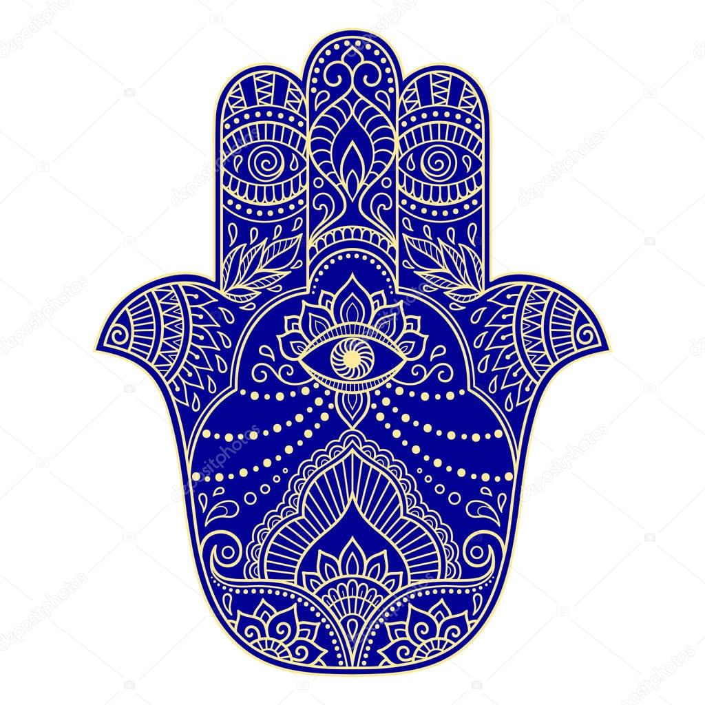 Color hamsa hand drawn symbol. Decorative pattern in oriental style for the interior decoration and drawings with henna. The ancient symbol of the 