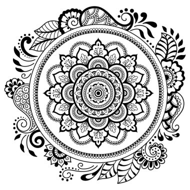 Bir mandala şeklinde dairesel desende. Kına dövme mandala. Mehndi tarzı. Dekoratif desen oryantal tarzı. Boyama kitabı sayfası.