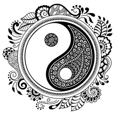 Bir mandala şeklinde dairesel desende. Yin-yang dekoratif sembolü. Mehndi tarzı. Dekoratif desen oryantal tarzı. Boyama kitabı sayfası.