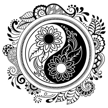 Bir mandala şeklinde dairesel desende. Yin-yang dekoratif sembolü. Mehndi tarzı. Dekoratif desen oryantal tarzı. Boyama kitabı sayfası.