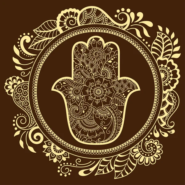 Hamsa hand drawn symbol in mandala. Mehndi style. Decorative pattern in oriental style. For henna tattoos, and decorative design documents and premises. — Stock Vector