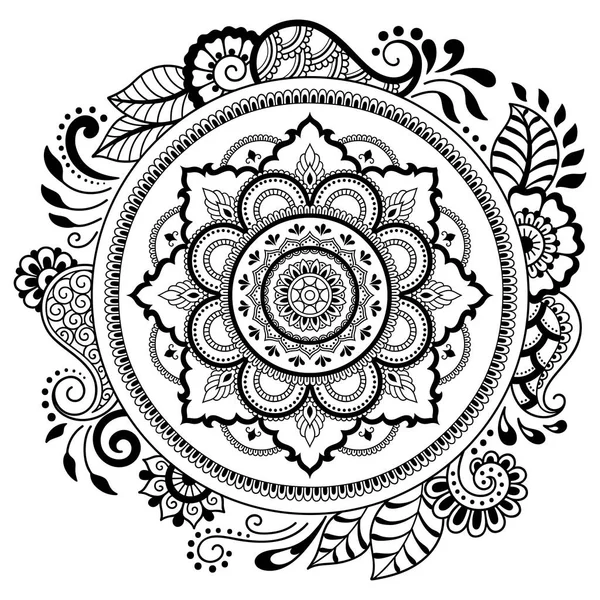 Bir mandala şeklinde dairesel desende. Kına dövme mandala. Mehndi tarzı. Dekoratif desen oryantal tarzı. Boyama kitabı sayfası.