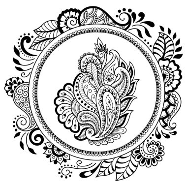 Bir mandala şeklinde dairesel desende. Kına dövme mandala. Mehndi tarzı. Dekoratif desen oryantal tarzı. Boyama kitabı sayfası.