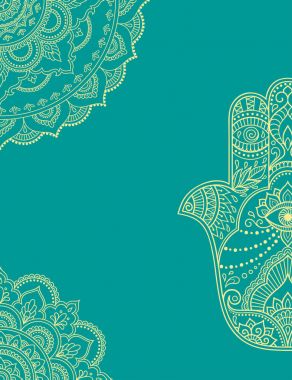 Kapakları için kitap, defter, tabut, dergi, kartpostal ve klasör dekorasyon için kına dövme renk dekoratif desen ile stilize. Çiçek deseni mehndi tarzı. Doğu geleneği çerçevesinde. Mandala ve Hamza.