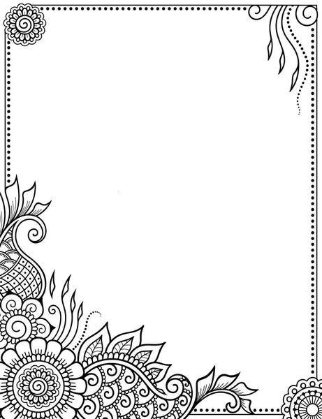 Stilisiert mit Henna-Tätowierungen dekorative Muster für die Dekoration von Einbänden für Buch, Notizbuch, Schatulle, Magazin, Postkarte und Mappe. Blumenmuster im mehndi-Stil. Rahmen in östlicher Tradition. — Stockvektor