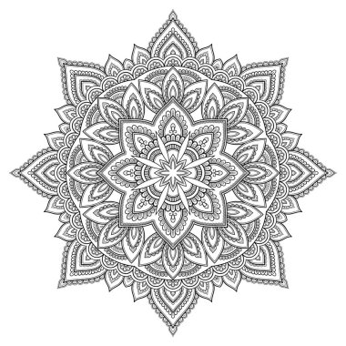 Bir mandala şeklinde dairesel desende. Kına dövme mandala. Mehndi tarzı. Dekoratif desen oryantal tarzı. Boyama kitabı sayfası.