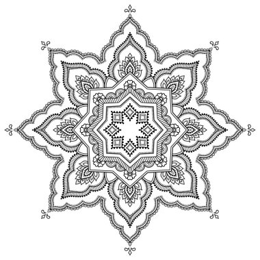 Bir mandala şeklinde dairesel desende. Kına dövme mandala. Mehndi tarzı. Dekoratif desen oryantal tarzı. Boyama kitabı sayfası.