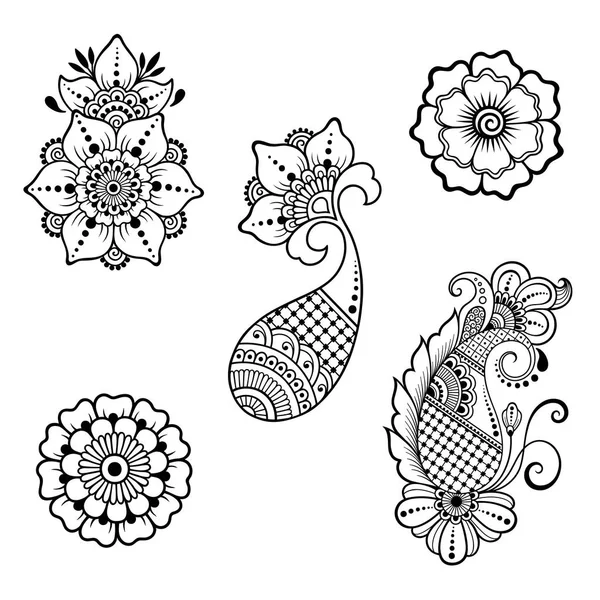ヘナ ・ タトゥーの花テンプレート。一時的な刺青スタイル。オリエンタル スタイルで装飾的なパターンのセット. — ストックベクタ