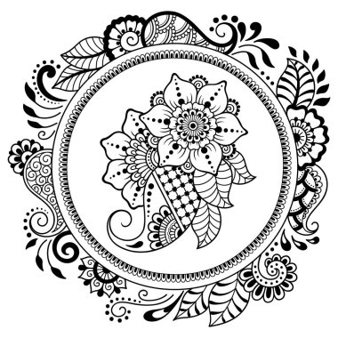 Bir mandala şeklinde dairesel desende. Kına dövme mandala. Mehndi tarzı. Dekoratif desen oryantal tarzı. Boyama kitabı sayfası.