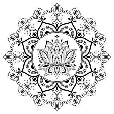 Bir mandala şeklinde dairesel desende. Kına dövme mandala. Mehndi tarzı. Dekoratif desen oryantal tarzı. Boyama kitabı sayfası.