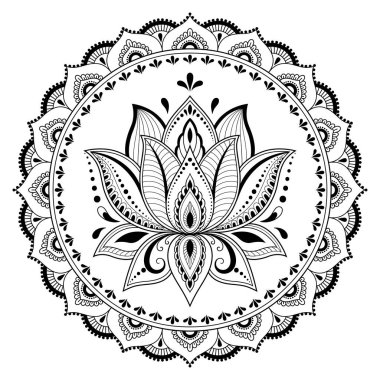 Bir mandala şeklinde dairesel desende. Kına dövme mandala. Mehndi tarzı. Dekoratif desen oryantal tarzı. Boyama kitabı sayfası.