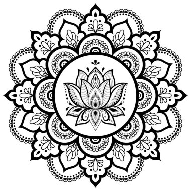 Bir mandala şeklinde dairesel desende. Kına dövme mandala. Mehndi tarzı. Dekoratif desen oryantal tarzı. Boyama kitabı sayfası.