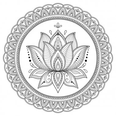 Bir mandala şeklinde dairesel desende. Kına dövme mandala. Mehndi tarzı. Dekoratif desen oryantal tarzı. Boyama kitabı sayfası.