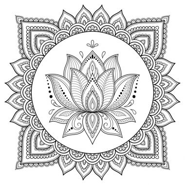 Bir mandala şeklinde dairesel desende. Kına dövme mandala. Mehndi tarzı. Dekoratif desen oryantal tarzı. Boyama kitabı sayfası.