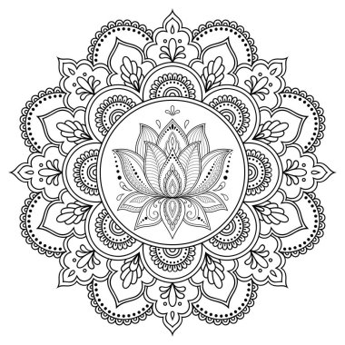 Bir mandala şeklinde dairesel desende. Kına dövme mandala. Mehndi tarzı. Dekoratif desen oryantal tarzı. Boyama kitabı sayfası.