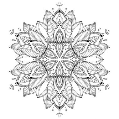 Bir mandala şeklinde dairesel desende. Kına dövme mandala. Mehndi tarzı. Dekoratif desen oryantal tarzı. Boyama kitabı sayfası.