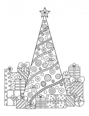 Doodle desen siyah ve beyaz. Noel süsleri, Noel ağacı, hediyeler, kar ve flamalar. Festival atmosferi - boyama kitabı çocuklar ve yetişkinler için.