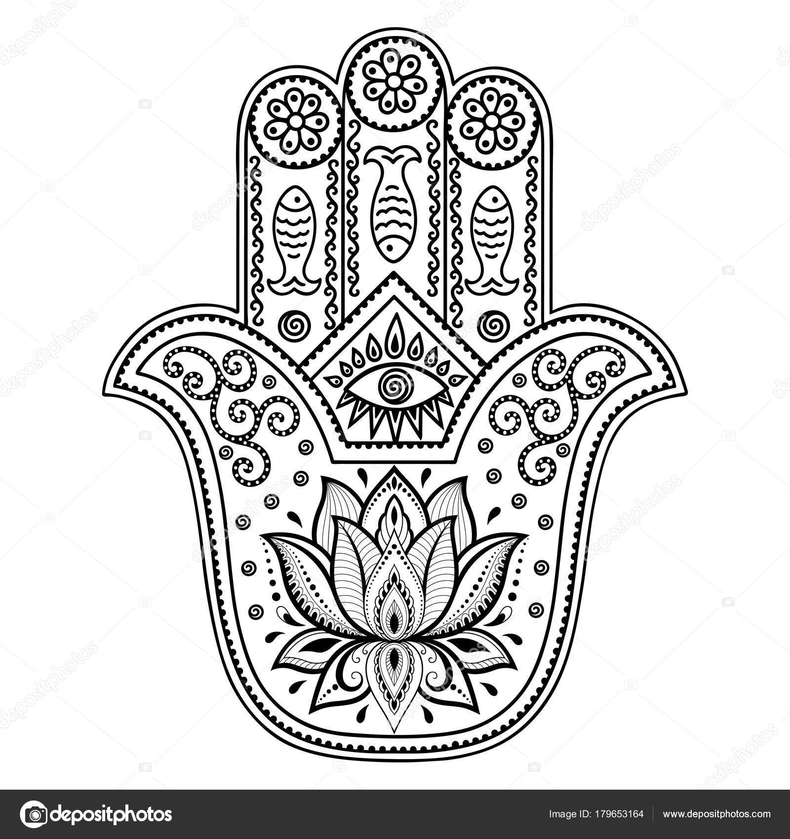 Dibujo De Una Mano De Fátima (Hamsa) En Negro, Colores De Oro Y