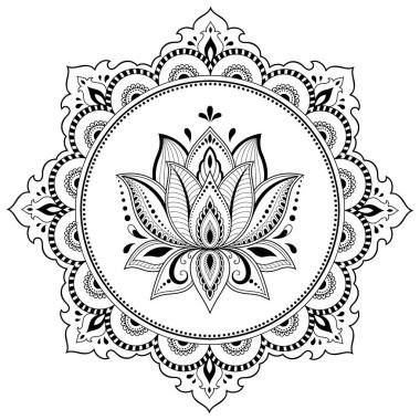 Bir mandala şeklinde dairesel desende. Kına dövme mandala. Mehndi tarzı. Dekoratif desen oryantal tarzı. Boyama kitabı sayfası.