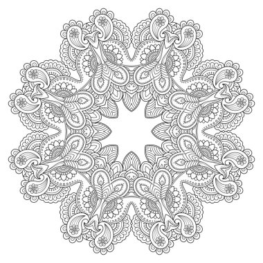 Bir mandala şeklinde dairesel desende. Kına dövme mandala. Mehndi tarzı. Dekoratif desen oryantal tarzı. Boyama kitabı sayfası.