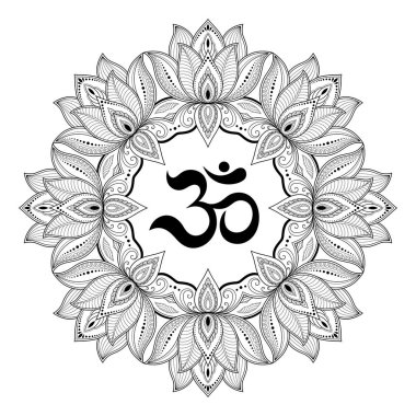 Bir mandala şeklinde dairesel desende. OM dekoratif sembolü. Mehndi tarzı. Antik Hindu mantra OM ile oryantal tarzda dekoratif desen Hint tarzı kına dövme deseni.
