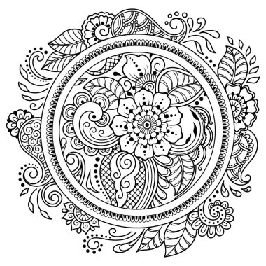 Bir mandala şeklinde dairesel desende. Kına dövme mandala. Mehndi tarzı. Dekoratif desen oryantal tarzı. Boyama kitabı sayfası.