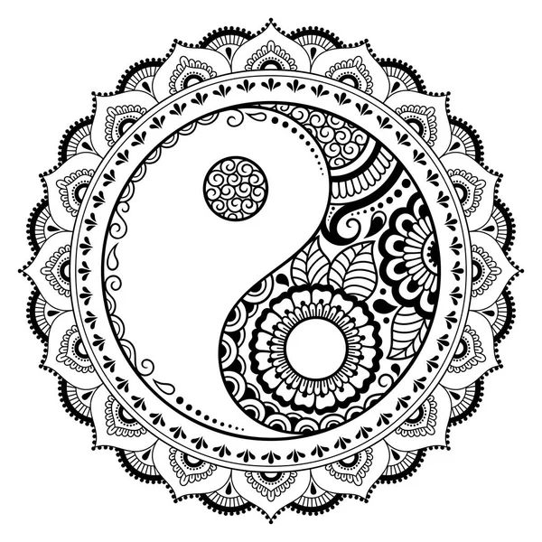 Bir mandala şeklinde dairesel desende. Yin-yang dekoratif sembolü. Mehndi tarzı. Dekoratif desen oryantal tarzı. Boyama kitabı sayfası.