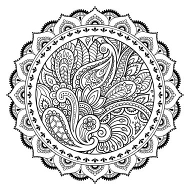 Bir mandala şeklinde dairesel desende. Kına dövme mandala. Mehndi tarzı. Dekoratif desen oryantal tarzı. Boyama kitabı sayfası.