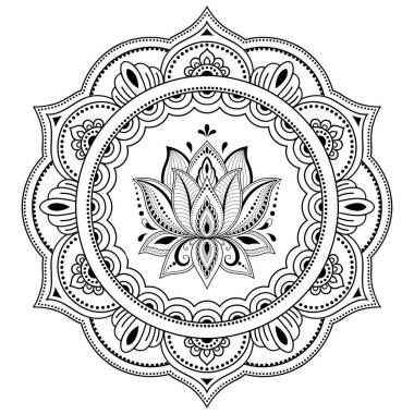 Bir mandala şeklinde dairesel desende. Kına dövme mandala. Mehndi tarzı. Dekoratif desen oryantal tarzı. Boyama kitabı sayfası.