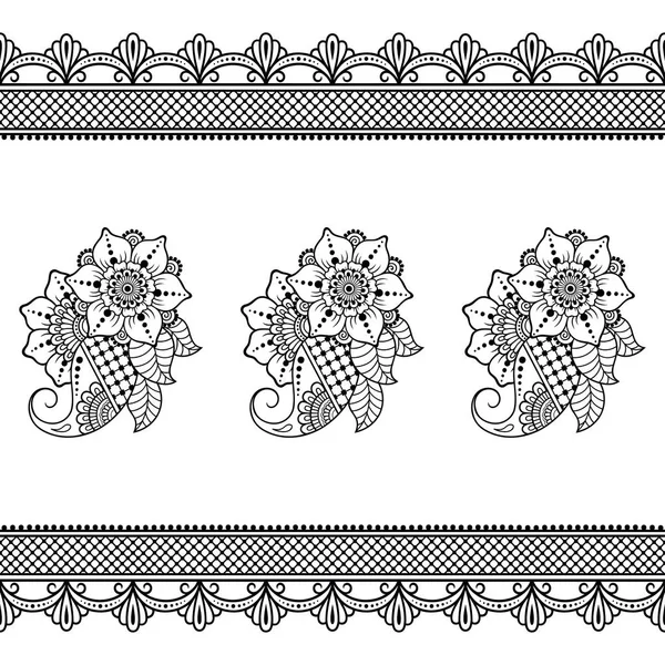 タトゥーの花テンプレートとシームレスな境界線 一時的な刺青スタイル オリエンタル スタイルで装飾的なパターンのセット — ストックベクタ